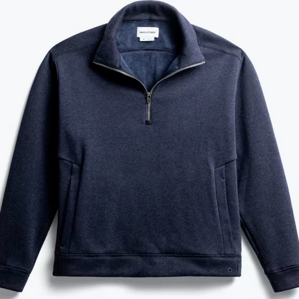 Ministry of Supply Men's Hybrid Fleece 1/4 Zip Pullover Indigo Heather Medium